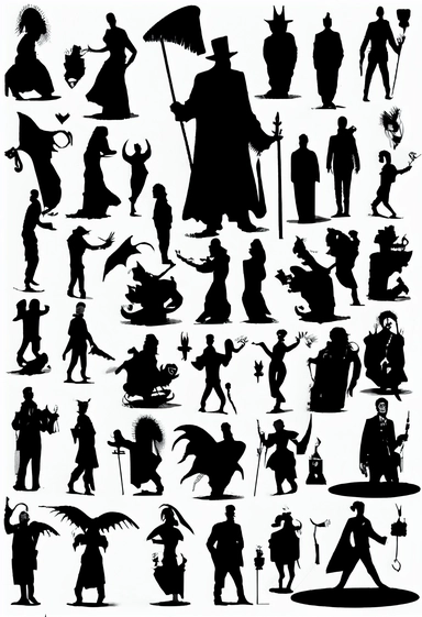 silhouettes of swindlers, monks, demons, mythological characters, disguised people, magicians, fools, lunatics, soldiers, priests, devils, fauns, angels, jugglers, cops, clowns, madmen. Bizarre, whimsical, random, victorian, theatrical, funny. Black and white clipart collection, white background