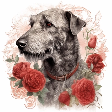 old victorian era, irish wolfhound, painting, a small amount of red roses, vintage style colors, intricate details, elegance, charm, clipart, white background
