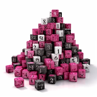 a pile of numbers and building block cubes in black white and dark pink. clipart, white background, white border--ar 2:1
