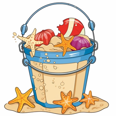 Clipart of a beach bucket filled with seashells and sand toys