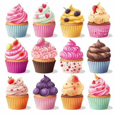 Clipart set different cupcakes, delicious cupcakes with attractive decorations, perfect shapes, pastel colors, digital art realistic style, white background,
