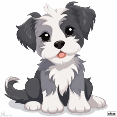 Cartoon of mutt mixed puppy terrier, dark gray and white fur, cute, funny, clipart style, vector style, character by Cory Loftis, white background v4 ar2: 3