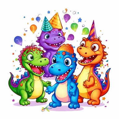 a foolish and cute dinosaurs having fun in a birthday party, clipart style, white bg