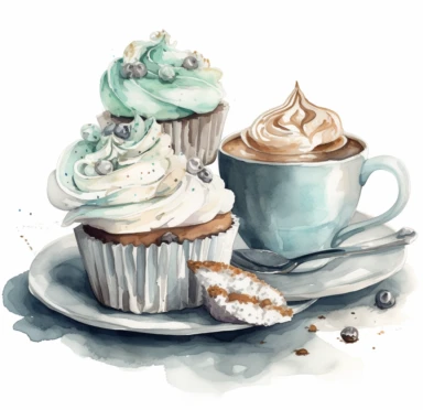 watercolor clipart coffee, cake and cupcake, by jenny jagger, in the style of light teal and gray, realistic, detailed rendering, soft color blending, jan van goyen, monochromatic palette, embroidery, gustave van de woestijne