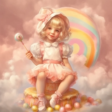 adorable little vintage whimsical girl sitting on a cloud made of sugar sweets candy and ribbons, face looking straight, full body, clipart style, pastel pink and orange, accurate details, oil painting technique, super high quality, professional watercolor clipart, high resolution