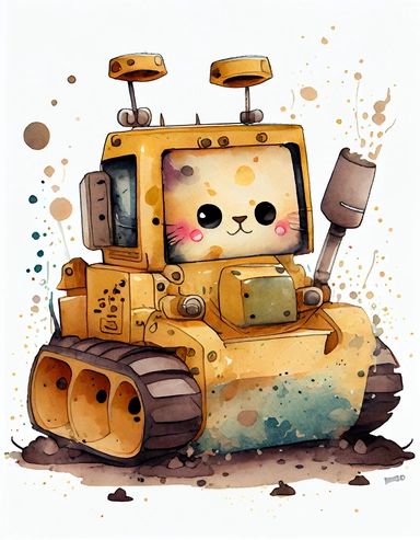 detailed watercolor kawaii bulldozer, isolated on a white background, clipart