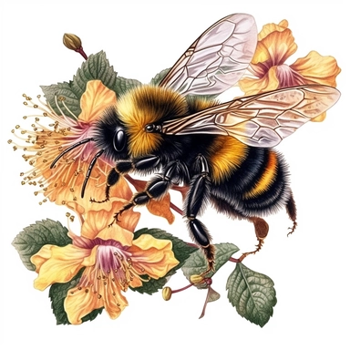 Fluffy Bumblebee on a flowering grapevine, highly detailed, acrylic paint, 16k, realistic, isolated on a white background, clipart