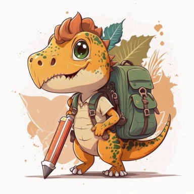 A dinosaur student wearing a backpack and holding a pencil and notebook at the school, back to school clipart, cartoon children's style, sharp graphic vector art illustration, warm colors, very high details, 8k, white background