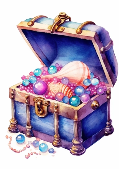 cute watercolor underwater treasure chest full of pearls clipart, full body, hd, on white background, spaced out