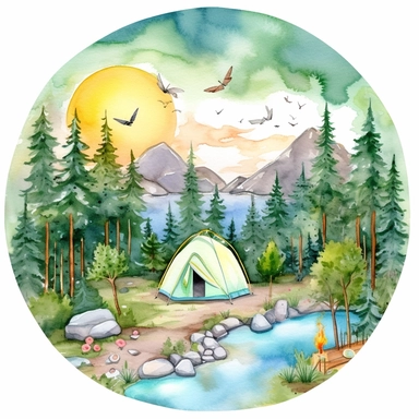 watercolor clipart painting of a Colorado mountain landscape, with evergreen pine trees, pinecones and sage green trees, with some yellow aspen trees and white birch trees, camping tent by a stream with rocks in the babbling brook, a butterfly and dragonfly, some birds, a sunset, hd, mystical and whimsical illustration with a little gold glitter and aurora borealis bubbles, with a few flowers and floral and botanical and ethereal elements, with white background,