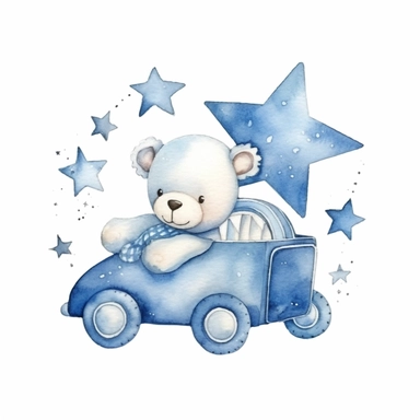 cute watercolor newborn soft blue baby playing toy car, stars on the background, watercolor effect, isolated white background, babyshower clipart, soft blue tones