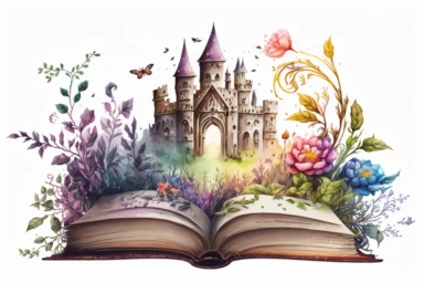 Watercolor Fantasy Books Clipart, Open Book Clip Art, old books, Magic Books, hd, on white background, no text, magical, flowers, castle, house