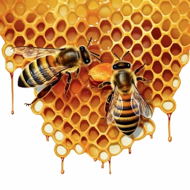 create image of homeybee on a honey dripping bee hive, clipart on white background