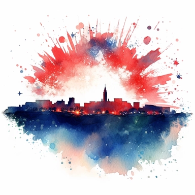 4th of July red white and blue Firework watercolor clipart, detailed, in the sky during sunset over a skyline over a hill, white background