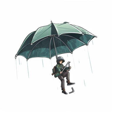 A digital pre-cropped clipart of a [flying umbrella that doubles as a personal mini-jetpack]