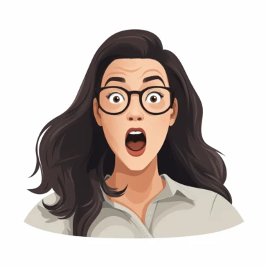 flat vector clipart on a white background. A lady with long dark hair and glasses looking very surprised and excited
