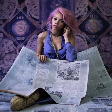 Amethyst Amaris art, astrology reading in the newspaper for aries, fifth house in astrology, neptune, uranus, capricorn, north node in capricorn, news paper clippings textile background with denim, alchemy tools, magnifying glass, allegory, allegory of light, Capo di tutti capi, french japanese, kanji script, photographer David LaChapelle, art dealers, toyen, dada, Alexander Mcqueen, Maison Margiela, John Galliano, ? evil eye bindi tattoo on forehead, ??‍♀️?‍♀️??‍♀️, ??, ??, uncolonized, theme A