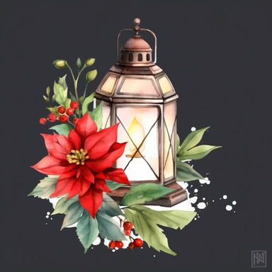 watercolor Christmas card with a lantern, poinsettias, and fir branches Handpainted holiday composition with flowers Full body realistic cartoon in 32K UHD cute. 15 cm thick outline. Black color. There was no shadow on the ground. 8k with realistic watercolors and detailed illustrations. PNG clipart, transparent white background