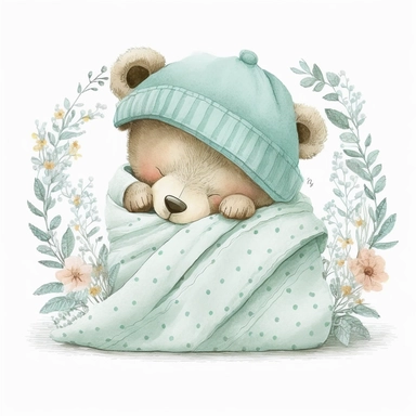 an ultra Cute little newborn baby teddy bear wearing mint green shabby chic floral traditional classic pyjamas and bedtime hat lying on a mint green pillow and blankets watercolour, cute,, bedtime, sleepy, dreamy, isolated on white background, Clipart