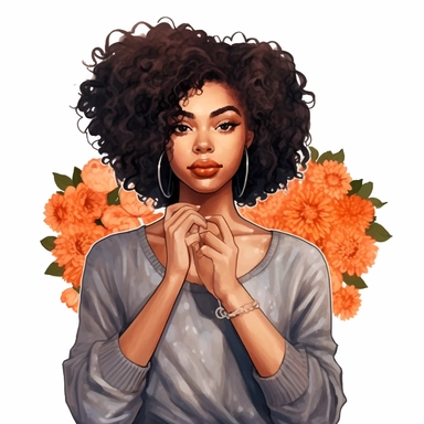 ultra detailed Black Girl Self Love Clipart, solid white background, cozy outfit, beautiful, super cute , super hot, self love, peaceful, heart, watercolor, floral, contour, PHOTOREALISM portrait , by ANIMATION