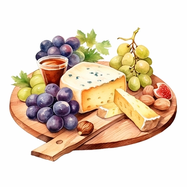 Watercolor cheese platter with wallnuts and grapes and raisins and figs nicely placed along with cheese on a very large wooden flat plate or cutting board, illustrations clipart set, simple, soft colors, cartoon elements, different variants, cheese from around the world, wooden elements, separate elements with a margin