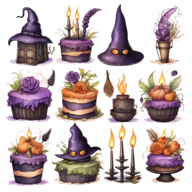 Create a set of hyper-realistic watercolor texture cliparts with a witch birthday theme. Each image should feature a different color palette, adding variety and vibrancy to the collection. The cliparts should include elements such as a cute witch holding a broomstick, a big cake with candles, cupcakes, and various desserts, all rendered in unique pastel colors. Each element should be isolated and placed on a white background, with a margin separating them for easy use. The witch should be depict