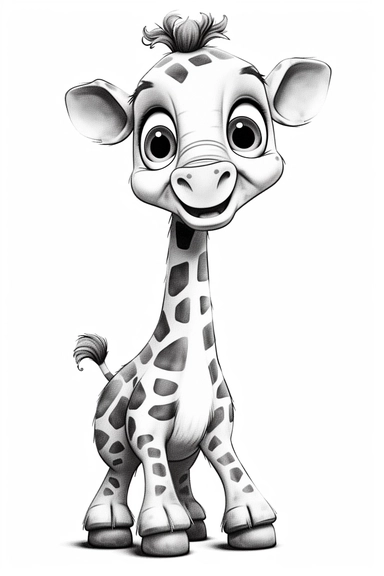 pixar baby happy Giraffe clipart, simple line art, monocromatic, isolated on white background, color image, full body, stroke line art, for toddler coloring, 8k