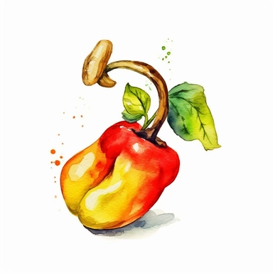 An endearing watercolor Cashew Apple clipart of Cashew Apple playing with elements 300DPI