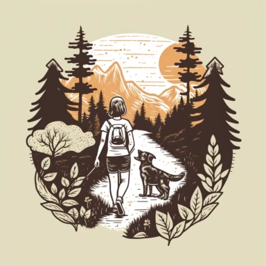Hike with your Best Friend: A design featuring a dog and human short haired woman hiking together with a nature or earth graphic.the dog facing the same direction as the girl. cute, retro, vintage , hippie, clipart, flat 2d vector, minimalist, black and white, kids cartoon, svg cut file, line art drawing