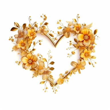 a thin gold heart shape with the outside covered with some minimalist flowers, clipart on white background