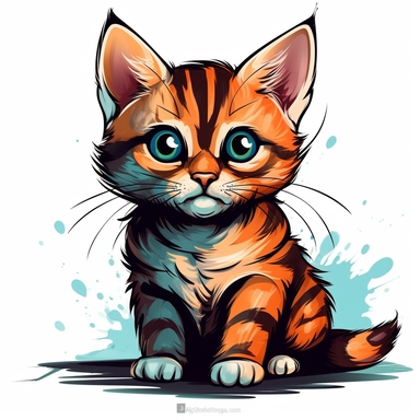 An adorable clipart design of a cute kitten with a cool and charismatic personality. The kitten is illustrated with a confident and strong appearance, showcasing its impressive physical attributes. The style of the artwork is cute and playful, with bold and vibrant colors that pop against the white background. The contour lines add depth and dimension to the image, making it a standout clipart design