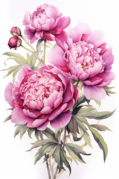 A highly detailed watercolor and pencil clipart drawing of a small cluster of unbloomed pink peonies elegantly arranged on a white background. The cluster captures the anticipation and beauty of these budding flowers, showcasing their intricate forms and delicate petals. The watercolor and pencil techniques blend harmoniously to create a captivating representation, with the watercolor adding soft washes of color and the pencil adding fine details and textures. The drawing focuses on the tightly 