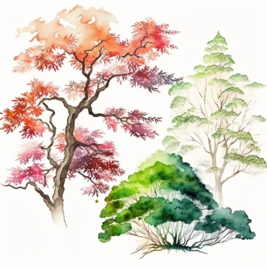 Watercolor, Japanese Maple Trees, old, long branches, Clipart, springtime japanese trees, forest, grass, white background