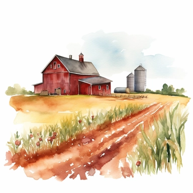 A watercolor painting of a farmhouse with a red barn and fields of crops, Watercolor clipart, isolated on white background