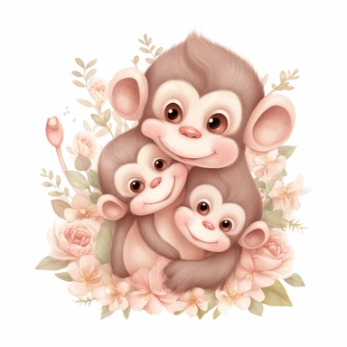 Cute floral illustration, realistic adorable baby monkey hugging his mom happy clipart, nursery style clipart, Nursery Animals Art, Kids Wall Art, Kids Room Decor, Baby Room Decor, isolated on white, ultra - detailed, high quality, ghibli style, award winning