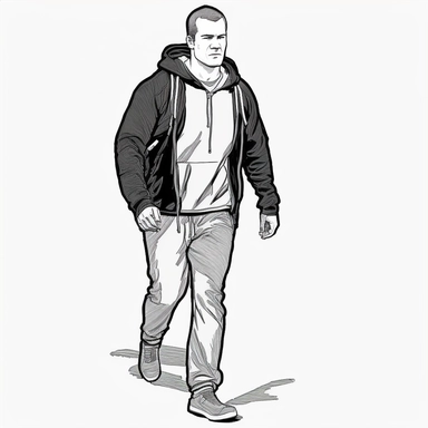 zoomed out view, male mugger, walking toward camera, looks like Chris Pratt, wearing jacket and sweatpants, looks like wii fit instructor character, age 38, full body and face, black and white, adobe illustrator, illustration, line art, dynamic composition, forced perspective, clipart, blank background