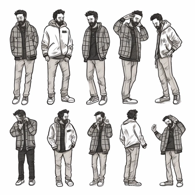 Man in flannel in various poses, dominant, black line drawing, sticker, clipart