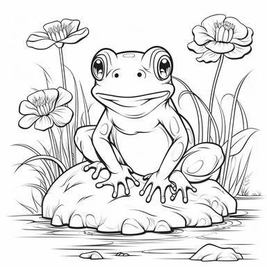clipart of cute adorable frog in the countryside, coloring book, cartoon style, vector lines, black and white, with no background