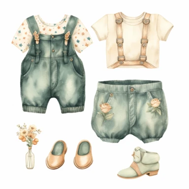 clipart, vintage, watercolor, clothing outfit for newborn baby boy and girl, hand drawn