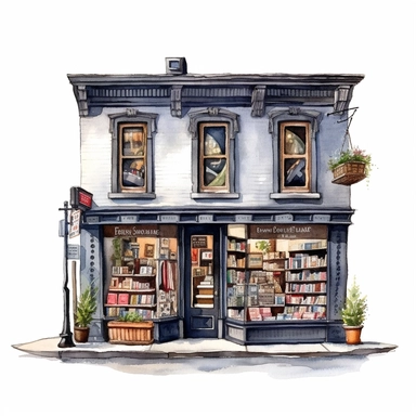 watercolor, hyper realistic, white background, white margins, 16k, ultra detailed clipart, cut out image, hand-drawn vintage bookstore with a colorful storefront featuring a hand-painted sign and window display of antique books and collectibles