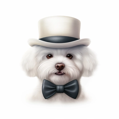 cute bichon wearing bowler hat, bow tie, realistic, vector, illustration, clip art, white background