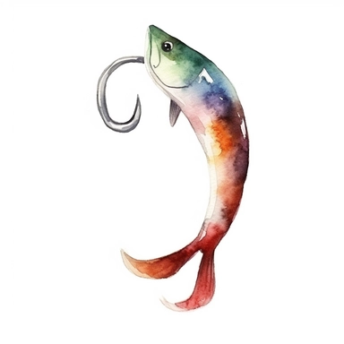 Watercolor fish hook clipart, white isolated background, space out, hd