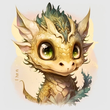 a watercolor painting of a Tiny cute adorable baby dragon looking directly into the camera and slightly smiling, dragon has little braid of hair in the centre, gold color, watercolor painted effect skin, intricate details, glass eyes, skip has watercolor painting effect, soft cinematic lighting, 8k, portrait, Pixar style character, pokemon anime style octane render, upper body only, inspired by Hanns Katz, logo, pastel colors, liquid cooled, 70's, clipart, chill out, retro, full body, white back