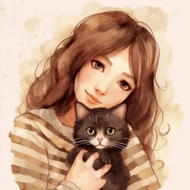 watercolour clipart of a woman with brown hair and brown eyes, make her smiling and exalted, holding ipad, the delicate and determined soul, has a deep affection for cats, black cat. She meticulously crafts digital designer papers and breathes life into digital journaling pages. Her finesse and devotion to her work are truly extraordinary. Her art is a testament to her unwavering pursuit of beauty and excellence, white background, 8k, f1
