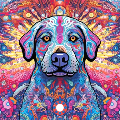 dog in dogs dreams pattern psychedelic clipart, white background, colorful, galaxies, flying saurcers, no text, neon texture, magic mushrooms, pixel-perfect in alex grey style