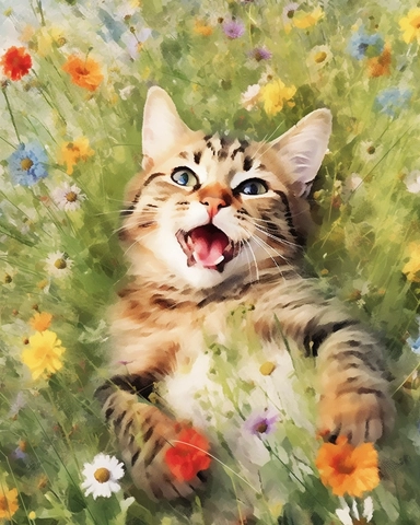 a distant view, full body shot, whole body, smiling with big eyes kitten lying down with belly up in a field full of wildflowers and grass, looking up at the sky top view, drone shot, high quality, ultra detail, 8k, megapixel high sharpness watercolor painting by impressionist artists with a delicate touch with white background for clipart 8k ultra detail high sharpness ultra detail