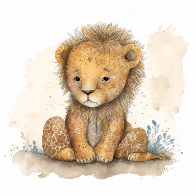 A cute baby lion , jellycat, stylised hand painted textures, stylized digital art, baby lion, rough paper texture, baby lion, highly detailed muted colors,watercolor texture, setteidreams colour design, finger blend shading, stippled walls,amazing textured brush strokes, illustrated in whimsical style, childrens book illustration, clipart style, white solid background , no watermark, remove watermark, no text, remove text, no writing, remove writing