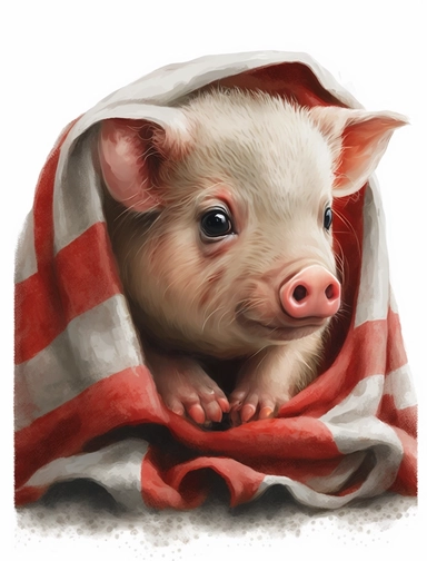 cute baby pig in a red blanket, watercolor clipart, transparent background,