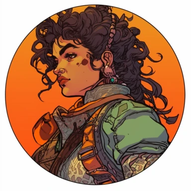 A circular tondo depicting a Dungeons & Dragons character lightly-armored Persian-heritage human woman dirty filthy grungy hobo badass survivalist ranger warrior, Mike Allred Josh Kirby Mad Max Lord of the Rings, handpainted retrowave, clipart illustration, circle solid background