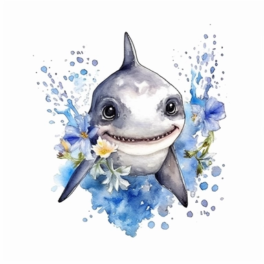 cutest little nursery shark with big eyes, full body, pen and ink with watercolor, seaweed, jelly fish, little fish, pearlescent horn, sparkles, glittery, clipart sheet, nurseycore